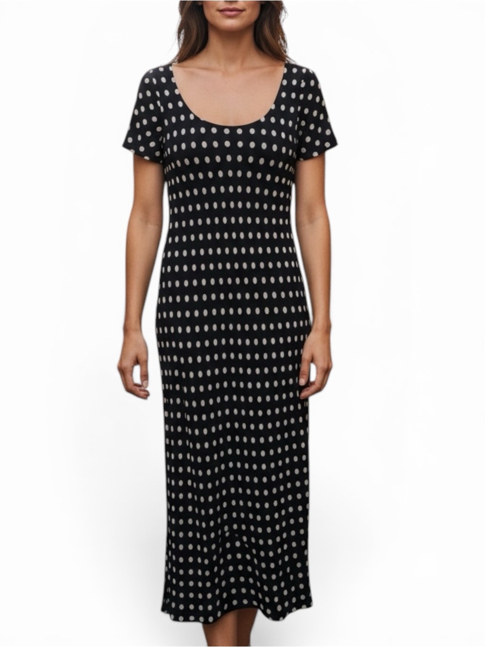 Ronnie Nicole by Ouida Maxi Polka Dot Dress Black White Short Sleeve Y2K  Comfy
